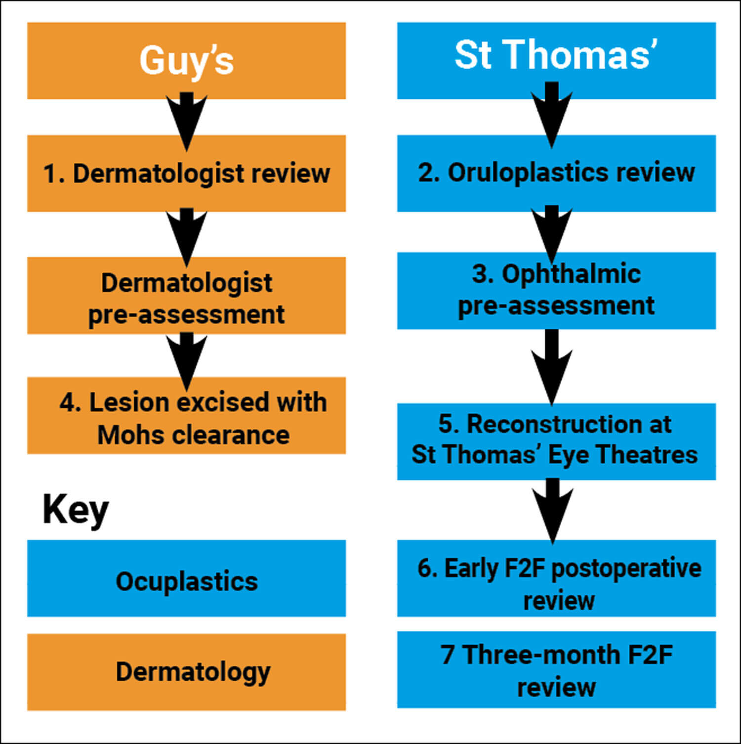 Flowchart showing historic two-site treatment pathway for patients with a localised, periocular, biopsy-positive, non-melanoma skin cancer referral to dermatology or ophthalmology.