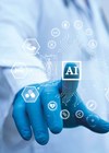 Stock image close-up showing doctor interacting with AI.