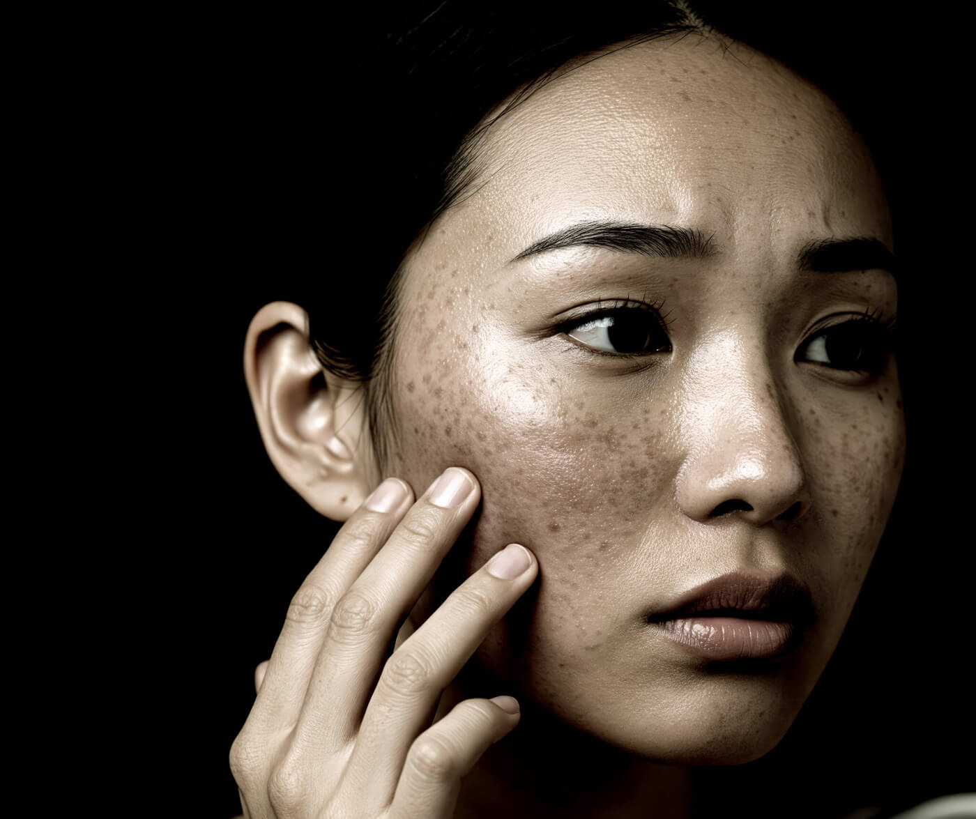 Photo of woman looking at her face in mirror,