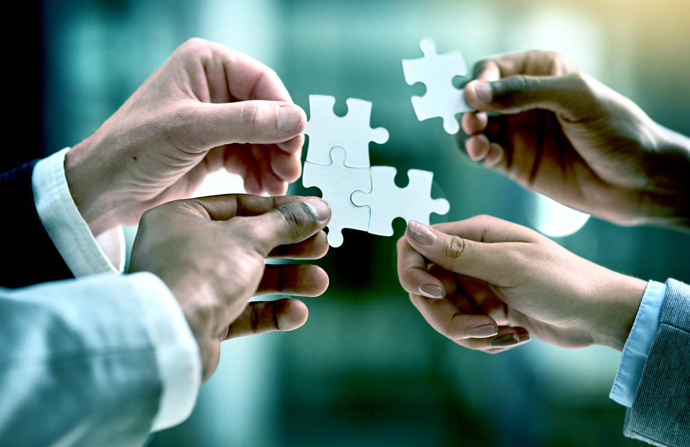 AI image of people holding jigsaw pieces.