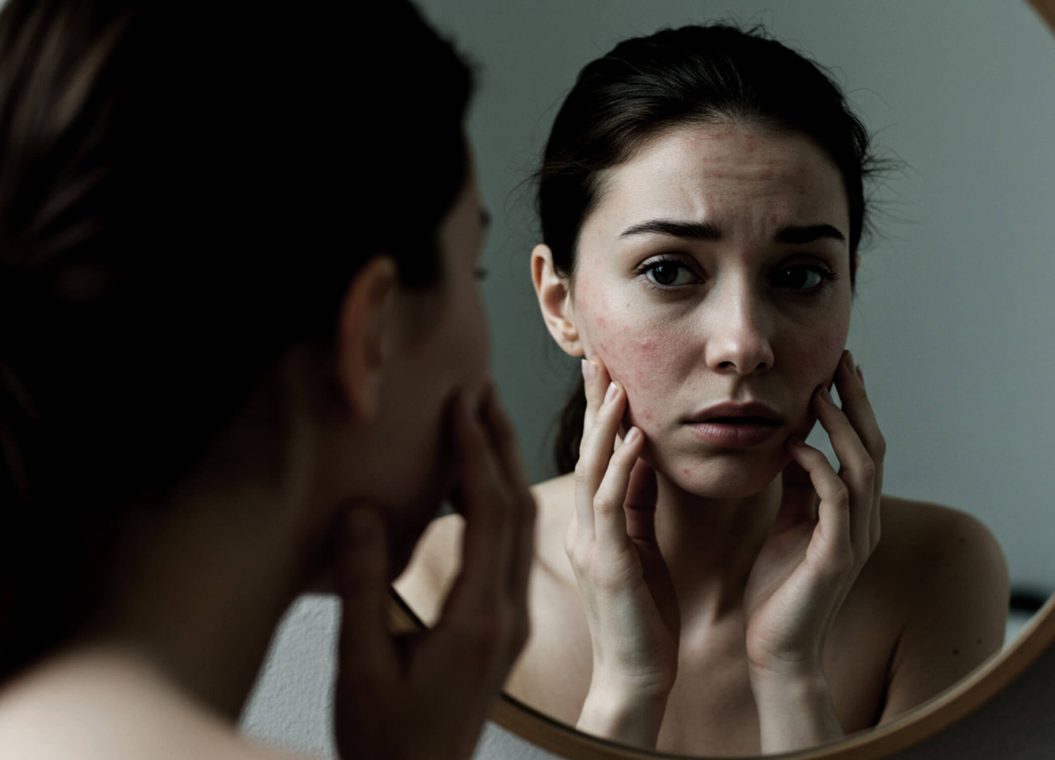 Photo of woman looking into mirror.